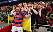 1 May 2022; Ivan Soroka of Clontarf celebrates with supporters after the Energia All-Ireland League Division 1 Final match between Clontarf and Terenure at Aviva Stadium in Dublin. Photo by Oliver McVeigh/Sportsfile