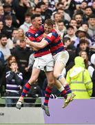 1 May 2022; Matt D'Arcy, left, and Michael Courtney of Clontarf celebrate after the Energia All-Ireland League Division 1 Final match between Clontarf and Terenure at Aviva Stadium in Dublin. Photo by Oliver McVeigh/Sportsfile