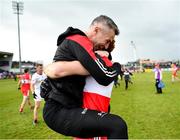 1 May 2022; Derry manager Rory Gallagher celebrates with Conor Glass after the Ulster GAA Football Senior Championship Quarter-Final match between Tyrone and Derry at O'Neills Healy Park in Omagh, Tyrone. Photo by David Fitzgerald/Sportsfile