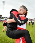 1 May 2022; Derry manager Rory Gallagher celebrates with Conor Glass after the Ulster GAA Football Senior Championship Quarter-Final match between Tyrone and Derry at O'Neills Healy Park in Omagh, Tyrone. Photo by David Fitzgerald/Sportsfile