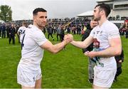 1 May 2022; Ryan Houlihan, left, and Kevin Flynn of Kildare congratulate each other after their side's victory in the Leinster GAA Football Senior Championship Quarter-Final match between Kildare and Louth at O'Connor Park in Tullamore, Offaly. Photo by Seb Daly/Sportsfile