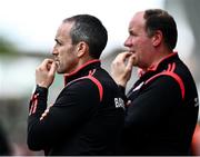 1 May 2022; Tyrone joint-managers Brian Dooher, left, and Feargal Logan during the Ulster GAA Football Senior Championship Quarter-Final match between Tyrone and Derry at O'Neills Healy Park in Omagh, Tyrone. Photo by David Fitzgerald/Sportsfile