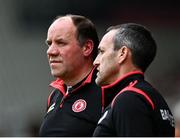 1 May 2022; Tyrone joint-managers Feargal Logan, left, and Brian Dooher during the Ulster GAA Football Senior Championship Quarter-Final match between Tyrone and Derry at O'Neills Healy Park in Omagh, Tyrone. Photo by David Fitzgerald/Sportsfile