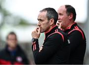 1 May 2022; Tyrone joint-managers Brian Dooher, left, and Feargal Logan during the Ulster GAA Football Senior Championship Quarter-Final match between Tyrone and Derry at O'Neills Healy Park in Omagh, Tyrone. Photo by David Fitzgerald/Sportsfile