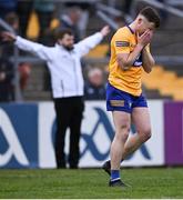 30 April 2022; Conor Jordan of Clare reacts after kicking his penalty wide in the penalty shoot-out of the Munster GAA Senior Football Championship Quarter-Final match between Clare and Limerick at Cusack Park in Ennis, Clare. Photo by Piaras Ó Mídheach/Sportsfile