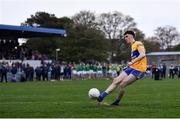 30 April 2022; Joe McGann of Clare scores his penalty in the penalty shoot-out of the Munster GAA Senior Football Championship Quarter-Final match between Clare and Limerick at Cusack Park in Ennis, Clare. Photo by Piaras Ó Mídheach/Sportsfile