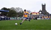 30 April 2022; Joe McGann of Clare scores his penalty in the penalty shoot-out of the Munster GAA Senior Football Championship Quarter-Final match between Clare and Limerick at Cusack Park in Ennis, Clare. Photo by Piaras Ó Mídheach/Sportsfile