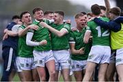 30 April 2022; Brian Donovan of Limerick, 11, celebrates with teammates after their victory in the penalty shoot-out of the Munster GAA Senior Football Championship Quarter-Final match between Clare and Limerick at Cusack Park in Ennis, Clare. Photo by Piaras Ó Mídheach/Sportsfile