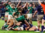 30 April 2022; Ireland players celebrate as Enya Breen scores her side's second try during the Tik Tok Women's Six Nations Rugby Championship match between Ireland and Scotland at Kingspan Stadium in Belfast. Photo by John Dickson/Sportsfile