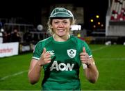 30 April 2022; Debutant Vicky Irwin of Ireland with her first cap after her side's victory in the Tik Tok Women's Six Nations Rugby Championship match between Ireland and Scotland at Kingspan Stadium in Belfast. Photo by John Dickson/Sportsfile