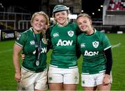 30 April 2022; Ireland and Ulster players, from left, Neve Jones, Vicky Irwin and Kathryn Dane after their side's victory in the Tik Tok Women's Six Nations Rugby Championship match between Ireland and Scotland at Kingspan Stadium in Belfast. Photo by John Dickson/Sportsfile