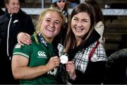 30 April 2022; Player of the match Neve Jones of Ireland celebrates with former Ireland player Anna Caplice after the Tik Tok Women's Six Nations Rugby Championship match between Ireland and Scotland at Kingspan Stadium in Belfast. Photo by John Dickson/Sportsfile