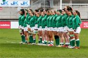 30 April 2022; The Ireland team stand for the national anthem before the Tik Tok Women's Six Nations Rugby Championship match between Ireland and Scotland at Kingspan Stadium in Belfast. Photo by John Dickson/Sportsfile