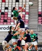 30 April 2022; Hannah O'Connor of Ireland wins possession in the lineout during the Tik Tok Women's Six Nations Rugby Championship match between Ireland and Scotland at Kingspan Stadium in Belfast. Photo by John Dickson/Sportsfile