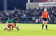 30 April 2022; Enya Breen of Ireland lines up a conversion to win the the Tik Tok Women's Six Nations Rugby Championship match between Ireland and Scotland at Kingspan Stadium in Belfast. Photo by John Dickson/Sportsfile