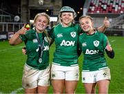 30 April 2022; Ireland and Ulster players, from left, Neve Jones, Vicky Irwin and Kathryn Dane after their side's victory in the Tik Tok Women's Six Nations Rugby Championship match between Ireland and Scotland at Kingspan Stadium in Belfast. Photo by John Dickson/Sportsfile