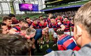1 May 2022; The Clontarf players celebrate after the Energia All-Ireland League Division 1 Final match between Clontarf and Terenure at Aviva Stadium in Dublin. Photo by Oliver McVeigh/Sportsfile