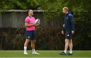 2 May 2022; Head coach Leo Cullen, right, and James Lowe during a Leinster Rugby squad training session at UCD in Dublin. Photo by Seb Daly/Sportsfile