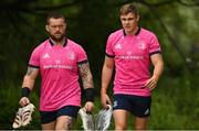 2 May 2022; Andrew Porter, left, and Garry Ringrose arrive before a Leinster Rugby squad training session at UCD in Dublin. Photo by Seb Daly/Sportsfile