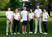 3 May 2022; In attendance are, from left, John Cleary, Louise Mernagh, Dublin footballer Cormac Costello, Rachael McDonnell, James Kelly and Dublin ladies footballer Sinéad Aherne at the launch of this year's AIG Men's and Women's Cups and Shields and AIG Men's and Women's Irish Amateur Close Championships at Elm Park Golf Club in Dublin. AIG also revealed online discounted offers on new car and home insurance policies for Golf Ireland members - for more details go to www.aig.ie/golfer or call 1800407407. Photo by David Fitzgerald/Sportsfile