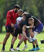 3 May 2022; Munster players, from left, Damian de Allende, Simon Zebo, Mike Haley and Keith Earls during squad training session at the University of Limerick in Limerick. Photo by Brendan Moran/Sportsfile