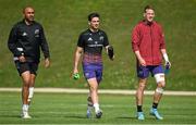 3 May 2022;  Munster players, from left, Simon Zebo, Joey Carbery and Mike Haley arrive for rugby squad training session at the University of Limerick in Limerick. Photo by Brendan Moran/Sportsfile