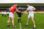 1 May 2022; Referee David Gough with team captains Sam Mulroy of Louth, left, and Mick O’Grady of Kildare during the coin toss before the Leinster GAA Football Senior Championship Quarter-Final match between Kildare and Louth at O'Connor Park in Tullamore, Offaly. Photo by Seb Daly/Sportsfile