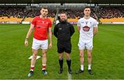 1 May 2022; Referee David Gough with team captains Sam Mulroy of Louth, left, and Mick O’Grady of Kildare during the coin toss before the Leinster GAA Football Senior Championship Quarter-Final match between Kildare and Louth at O'Connor Park in Tullamore, Offaly. Photo by Seb Daly/Sportsfile