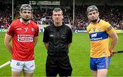 1 May 2022; Referee Paud O'Dwyer with the two captains, Mark Coleman of Cork and Tony Kelly of Clare, before the Munster GAA Hurling Senior Championship Round 3 match between Cork and Clare at FBD Semple Stadium in Thurles, Tipperary. Photo by Ray McManus/Sportsfile