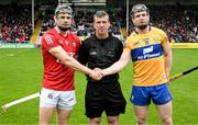 1 May 2022; Referee Paud O'Dwyer with the two captains, Mark Coleman of Cork and Tony Kelly of Clare, before the Munster GAA Hurling Senior Championship Round 3 match between Cork and Clare at FBD Semple Stadium in Thurles, Tipperary. Photo by Ray McManus/Sportsfile