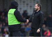 30 April 2022; Referee Noel Mooney, right, shakes hands with Sligo manager Tony McEntee before the Connacht GAA Football Senior Championship Semi-Final match between Roscommon and Sligo at Markievicz Park in Sligo. Photo by Brendan Moran/Sportsfile