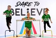 4 May 2022; At the launch of the OFI Dare to Believe Secondary Schools curriculum, sponsored by Permanent TSB, is Dare to Believe ambassador Sarah Lavin with Joe Fahy and Ciara Jones. Today an additional 15 Tokyo 2020 athletes have been added to the programme, bringing the total of Olympic and Paralympic ambassadors to thirty-one. For more information go to www.daretobelieve.ie . Photo by Sam Barnes/Sportsfile