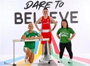 4 May 2022; At the launch of the OFI Dare to Believe Secondary Schools curriculum, sponsored by Permanent TSB, are Dare to Believe ambassadors, from left, Sarah Lavin, Kellie Harrington and Nicole Turner. Today an additional 15 Tokyo 2020 athletes have been added to the programme, bringing the total of Olympic and Paralympic ambassadors to thirty-one. For more information go to www.daretobelieve.ie . Photo by Sam Barnes/Sportsfile