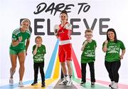4 May 2022; At the launch of the OFI Dare to Believe Secondary Schools curriculum, sponsored by Permanent TSB, are Dare to Believe ambassadors, from left, Sarah Lavin, Kellie Harrington and Nicole Turner with Ciara Jones and Joe Fahy. Today an additional 15 Tokyo 2020 athletes have been added to the programme, bringing the total of Olympic and Paralympic ambassadors to thirty-one. For more information go to www.daretobelieve.ie . Photo by Sam Barnes/Sportsfile