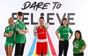 4 May 2022; At the launch of the OFI Dare to Believe Secondary Schools curriculum, sponsored by Permanent TSB, are Dare to Believe ambassadors, from left, Sarah Lavin, Kellie Harrington and Nicole Turner with Jay Hayes and Sadhbh Murphy. Today an additional 15 Tokyo 2020 athletes have been added to the programme, bringing the total of Olympic and Paralympic ambassadors to thirty-one. For more information go to www.daretobelieve.ie . Photo by Sam Barnes/Sportsfile