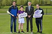 4 May 2022; In attendance at the Táin Óg/ CúChulainn Cup competitions launch are, from left, Damien Coleman of Connacht GAA, AJ Tully of Roscommon Gaels, Uachtarán Chumann Lúthchleas Gael Larry McCarthy, and Adrian Tully of Roscommon Gaels, at the National Games Development Centre in Abbotstown, Dublin. Photo by Seb Daly/Sportsfile
