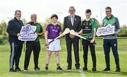 4 May 2022; In attendance at the Táin Óg/ CúChulainn Cup competitions launch are, from left, Adrian Tully of Roscommon Gaels, Stephen McKenna of Carrickmacross Emmets Hurling Club, AJ Tully of Roscommon Gaels, Uachtarán Chumann Lúthchleas Gael Larry McCarthy, Oisin Maguire of Carrickmacross Emmets Hurling Club, and Ronan O’Gorman of St Fechins GAA Louth,  at the National Games Development Centre in Abbotstown, Dublin. Photo by Seb Daly/Sportsfile