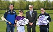 4 May 2022; In attendance at the Táin Óg/ CúChulainn Cup competitions launch are, from left, Damien Coleman of Connacht GAA, AJ Tully of Roscommon Gaels, Uachtarán Chumann Lúthchleas Gael Larry McCarthy, and Adrian Tully of Roscommon Gaels, at the National Games Development Centre in Abbotstown, Dublin. Photo by Seb Daly/Sportsfile