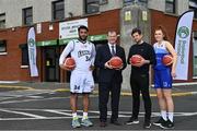 5 May 2022; In attendance at the announcement of a 5-year OTT agreement for the National League are, from left, Josh Wilson of DBS Éanna, Basketball Ireland Chief Executive Officer John Feehan, Joymo Chief Executive Officer Michael Emery, and Claire Melia of The Address UCC Glanmire, at National Basketball Arena in Dublin. Photo by Sam Barnes/Sportsfile