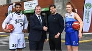 5 May 2022; In attendance at the announcement of a 5-year OTT agreement for the National League are, from left, Josh Wilson of DBS Éanna, Basketball Ireland Chief Executive Officer John Feehan, Joymo Chief Executive Officer Michael Emery, and Claire Melia of The Address UCC Glanmire, at National Basketball Arena in Dublin. Photo by Sam Barnes/Sportsfile