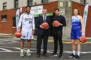 5 May 2022; In attendance at the announcement of a 5-year OTT agreement for the National League are, from left, Josh Wilson of DBS Éanna, Basketball Ireland Chief Executive Officer John Feehan, Joymo Chief Executive Officer Michael Emery, and Claire Melia of The Address UCC Glanmire, at National Basketball Arena in Dublin. Photo by Sam Barnes/Sportsfile