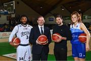 5 May 2022; In attendance at the announcement of a 5-year OTT agreement for the National League are, from left, Josh Wilson of DBS Éanna, Basketball Ireland Chief Executive Officer John Feehan, Joymo Chief Executive Officer Michael Emery, and Claire Melia of The Address UCC Glanmire, at National Basketball Arena in Dublin.. Photo by Sam Barnes/Sportsfile