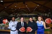 5 May 2022; In attendance at the announcement of a 5-year OTT agreement for the National League are, from left, Josh Wilson of DBS Éanna, Basketball Ireland Chief Executive Officer John Feehan, Joymo Chief Executive Officer Michael Emery, and Claire Melia of The Address UCC Glanmire, at National Basketball Arena in Dublin. Photo by Sam Barnes/Sportsfile