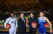 5 May 2022; In attendance at the announcement of a 5-year OTT agreement for the National League are, from left, Josh Wilson of DBS Éanna, Basketball Ireland Chief Executive Officer John Feehan, Joymo Chief Executive Officer Michael Emery, and Claire Melia of The Address UCC Glanmire, at National Basketball Arena in Dublin. Photo by Sam Barnes/Sportsfile