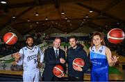 5 May 2022; In attendance at the announcement of a 5-year OTT agreement for the National League are, from left, Josh Wilson of DBS Éanna, Basketball Ireland Chief Executive Officer John Feehan, Joymo Chief Executive Officer Michael Emery, and Claire Melia of The Address UCC Glanmire, at National Basketball Arena in Dublin. Photo by Sam Barnes/Sportsfile