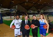 5 May 2022; In attendance at the announcement of a 5-year OTT agreement for the National League are, from left, Josh Wilson of DBS Éanna, Basketball Ireland Chief Executive Officer John Feehan, Joymo Chief Executive Officer Michael Emery, and Claire Melia of The Address UCC Glanmire, at National Basketball Arena in Dublin. Photo by Sam Barnes/Sportsfile