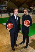 5 May 2022; Basketball Ireland Chief Executive Officer John Feehan, left, and, Joymo Chief Executive Officer Mike Emery, at the announcement of a 5-year OTT agreement for the National League at National Basketball Arena in Dublin. Photo by Sam Barnes/Sportsfile