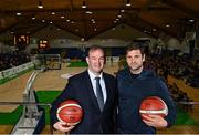 5 May 2022; Basketball Ireland Chief Executive Officer John Feehan, left, and, Joymo Chief Executive Officer Mike Emery, at the announcement of a 5-year OTT agreement for the National League at National Basketball Arena in Dublin. Photo by Sam Barnes/Sportsfile