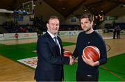 5 May 2022; Basketball Ireland Chief Executive Officer John Feehan, left, and, Joymo Chief Executive Officer Mike Emery, at the announcement of a 5-year OTT agreement for the National League at National Basketball Arena in Dublin. Photo by Sam Barnes/Sportsfile