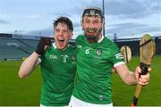 4 May 2022; Fergal O’Connor, left, and Ethan Hurley of Limerick celebrates after their side's victory in the oneills.com Munster GAA Hurling U20 Championship Final match between Limerick and Tipperary at TUS Gaelic Grounds in Limerick. Photo by Seb Daly/Sportsfile